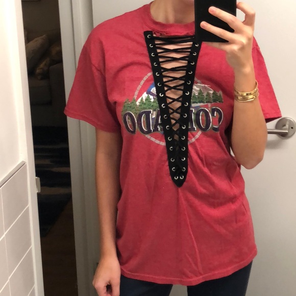 LF Tops - LF red oversized lace up distressed tee shirt